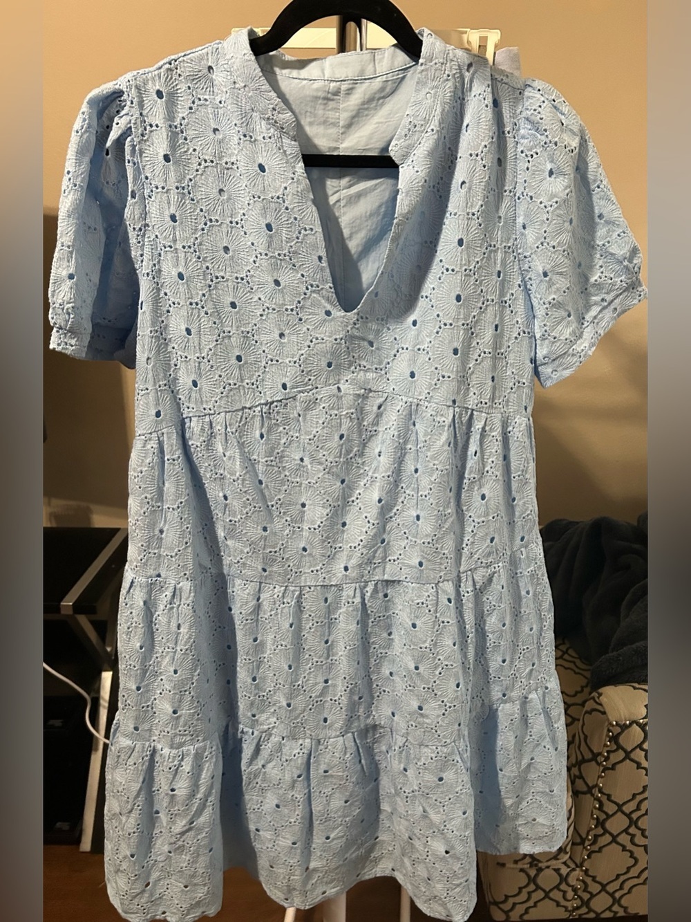 Light Blue Eyelet V-Neck Tiered Dress